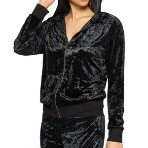 Felina Hoodie Crushed Velvet Zip Front Hooded Front Pouch Pockets Black M NWT